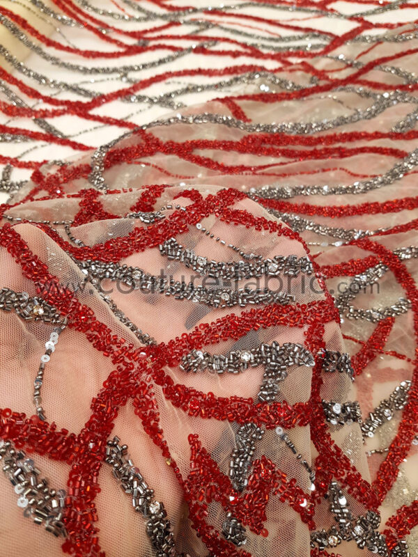 Red and gunmetal handmade lace fabric - Image 3