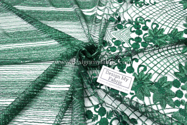 Green net floral and stripes sequined fabric #91451 - Image 3