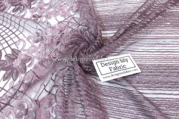 Purple net floral and stripes sequined fabric #91469 - Image 4