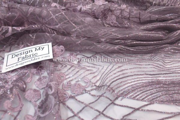 Purple net floral and stripes sequined fabric #91469 - Image 3