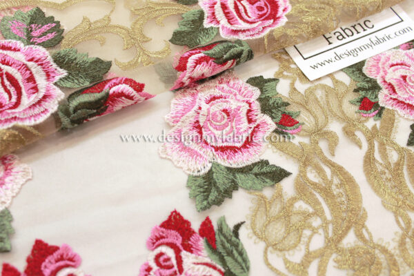 Gold baroque with pink roses embroidered lace fabric #91516 - Image 4