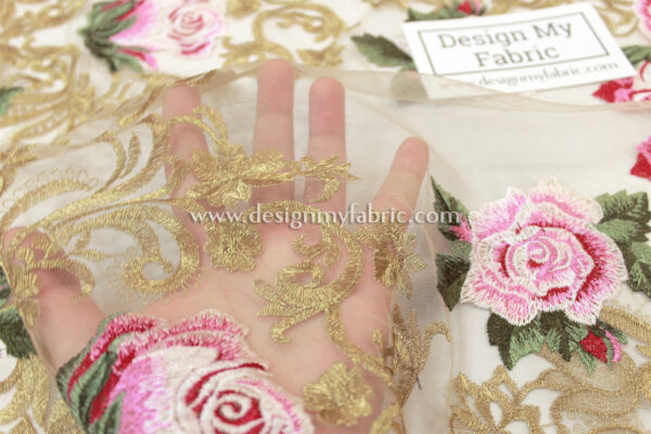 Gold baroque with pink roses embroidered lace fabric #91516 - Image 5