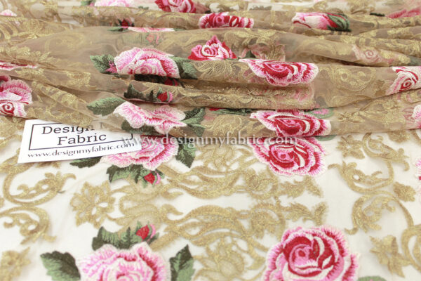 Gold baroque with pink roses embroidered lace fabric #91516 - Image 3