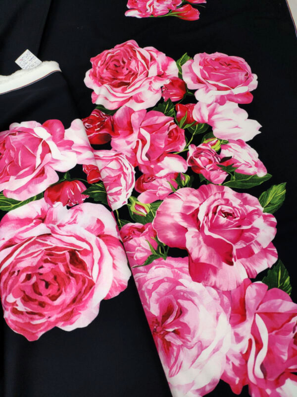 Black crepe fabric with pink roses #20024 - Image 2