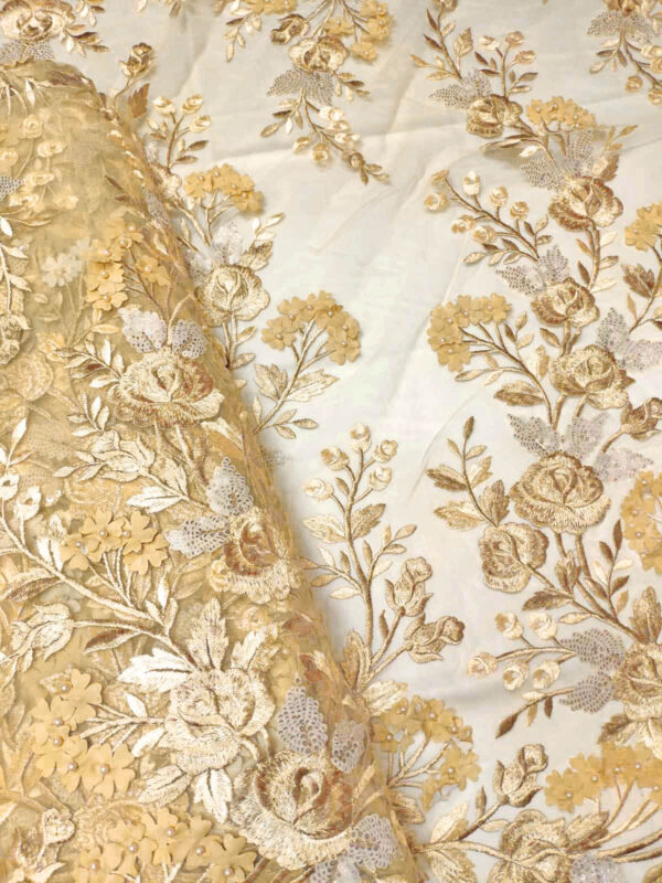 Gold lace fabric with 3d flowers #20641