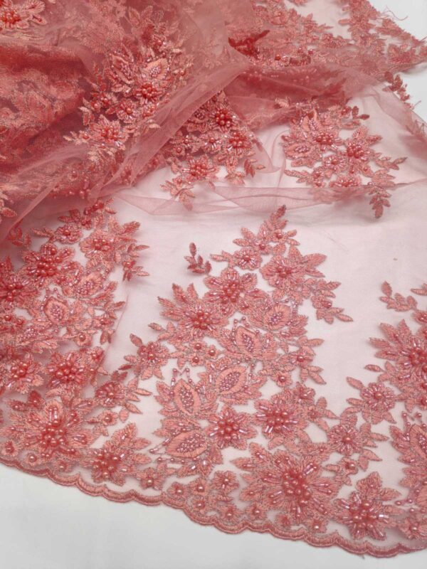 Pink beaded lace fabric with pearls #10074 - Image 3