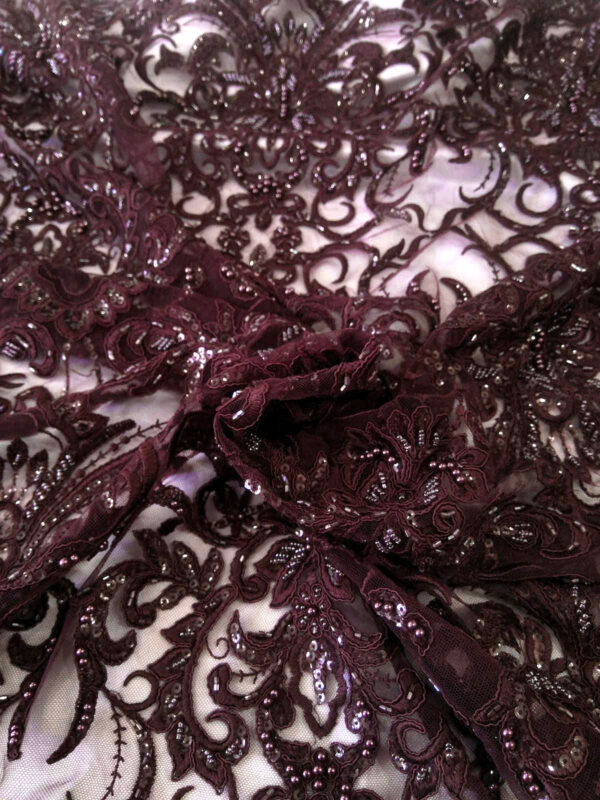 Burgundy beaded lace fabric #91403 - Image 2