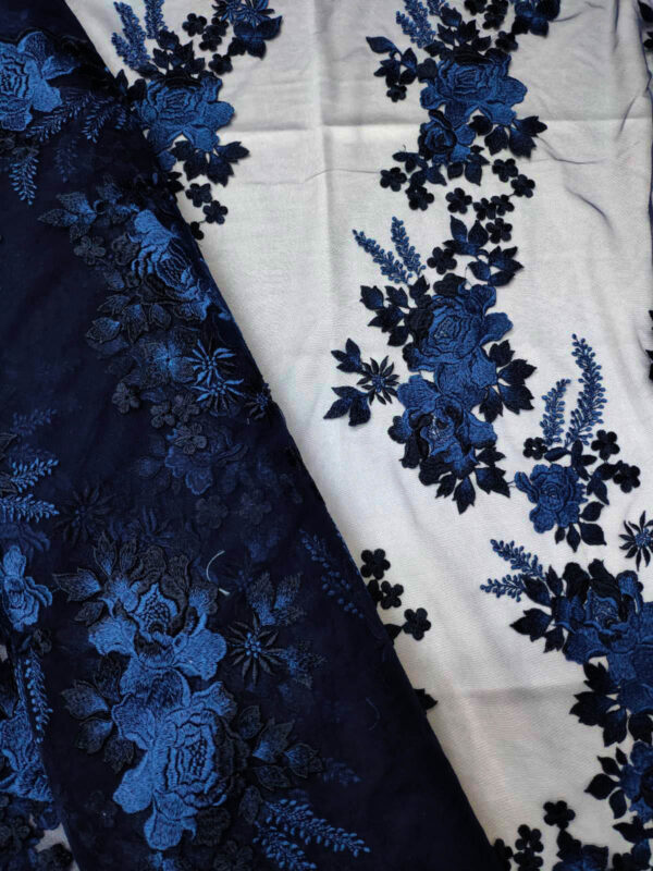 Blue embroidered floral lace fabric #10023