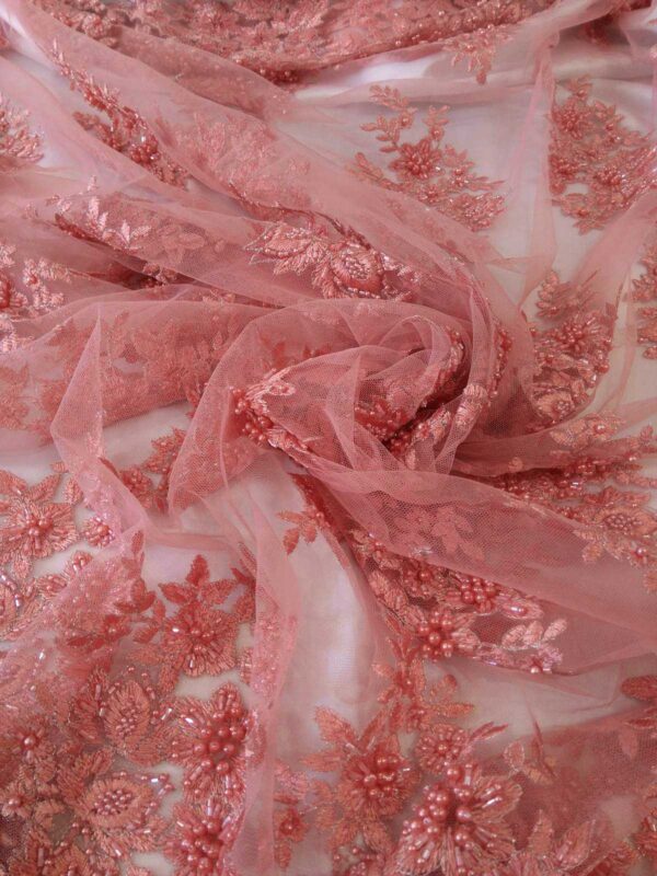 Pink beaded lace fabric with pearls #10074 - Image 4