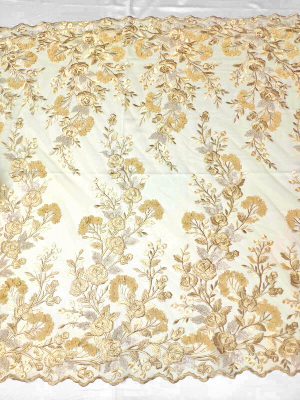 Gold lace fabric with 3d flowers #20641 - Image 4