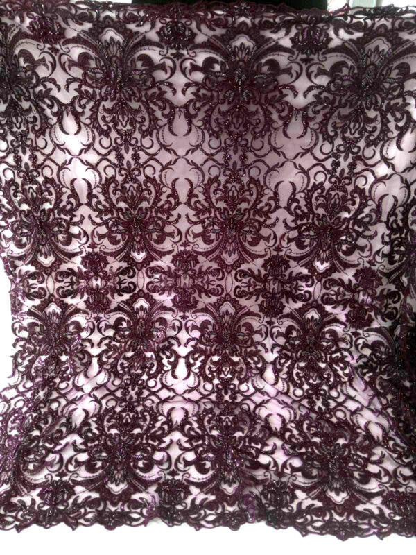 Burgundy beaded lace fabric #91403 - Image 3