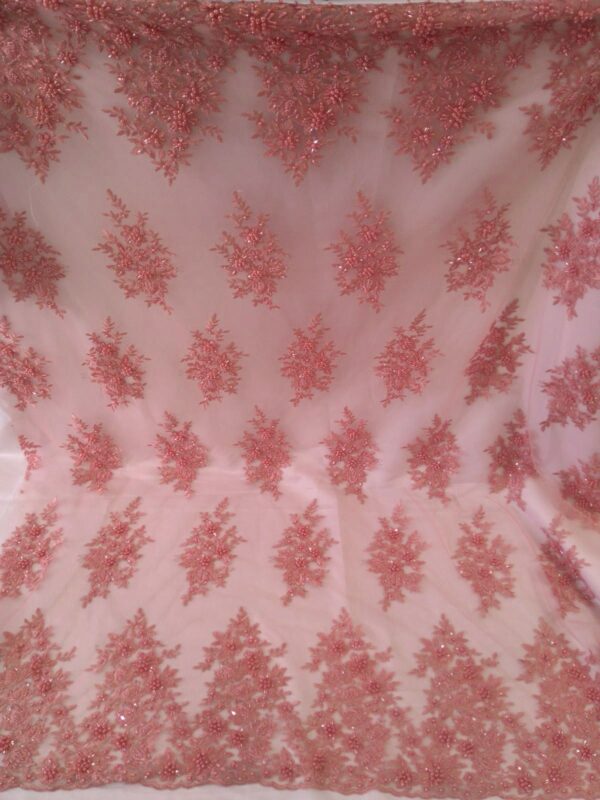 Pink beaded lace fabric with pearls #10074 - Image 2