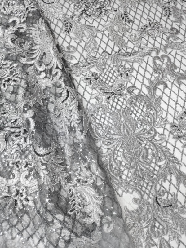 Grey sequined lace fabric #90647