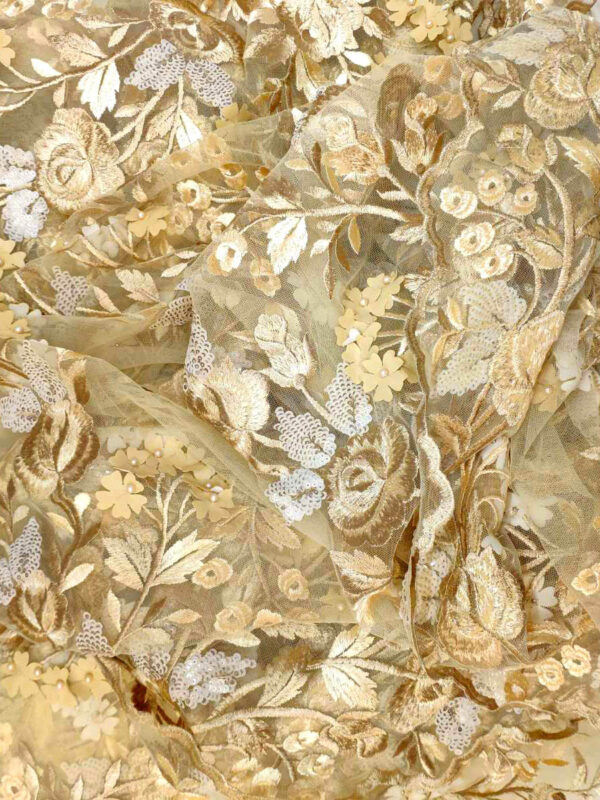 Gold lace fabric with 3d flowers #20641 - Image 5