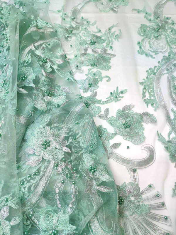 Mint floral beaded lace fabric #80099