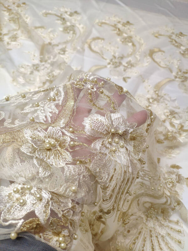 Gold Embroidered lace fabric with pearls #80289 - Image 3