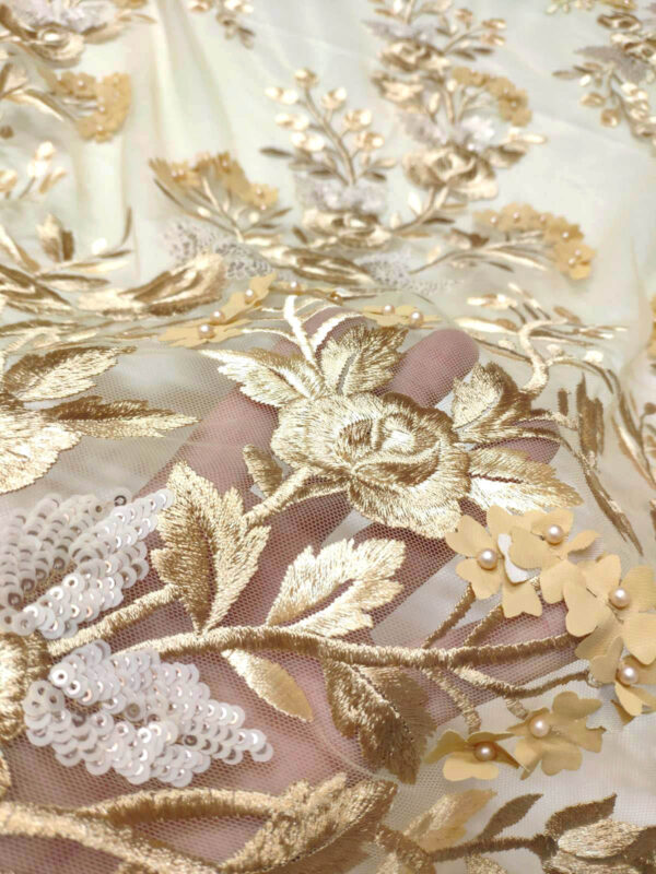 Gold lace fabric with 3d flowers #20641 - Image 3