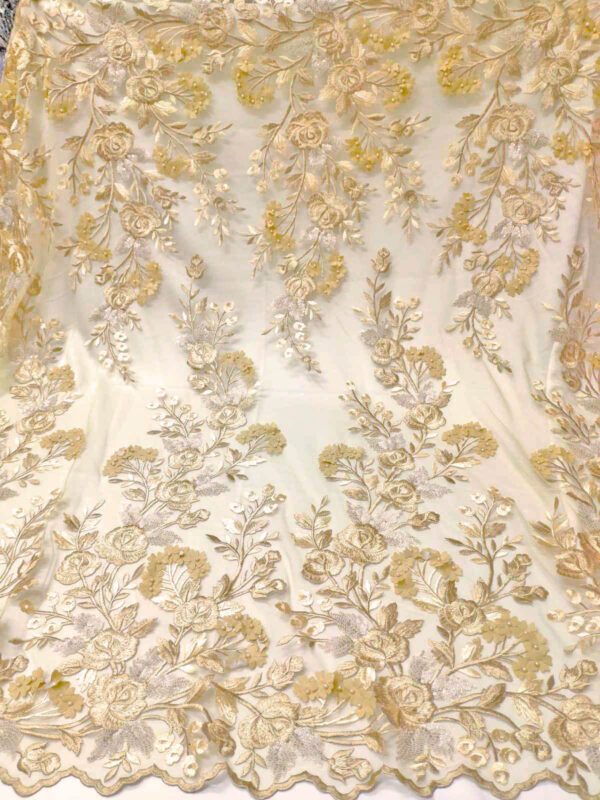 Gold lace fabric with 3d flowers #20641 - Image 2