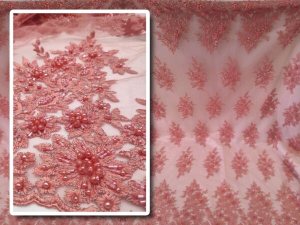 Pink beaded lace fabric with pearls #10074