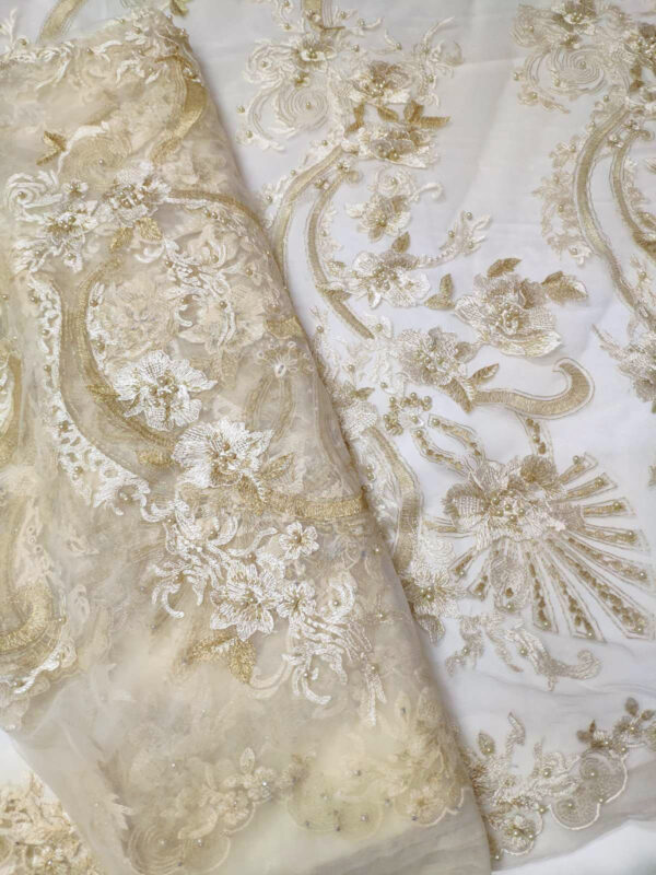 Gold Embroidered lace fabric with pearls #80289