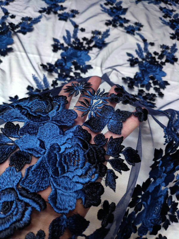 Blue embroidered floral lace fabric #10023 - Image 3