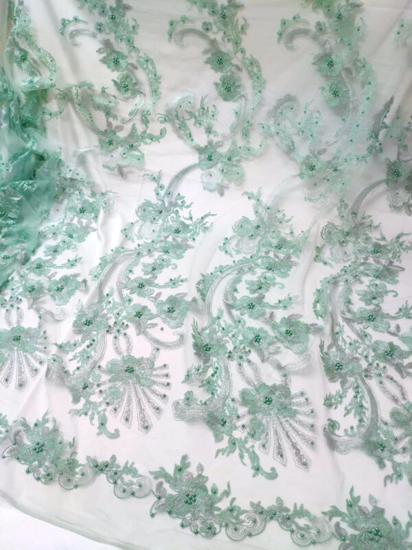 Mint floral beaded lace fabric #80099 - Image 2