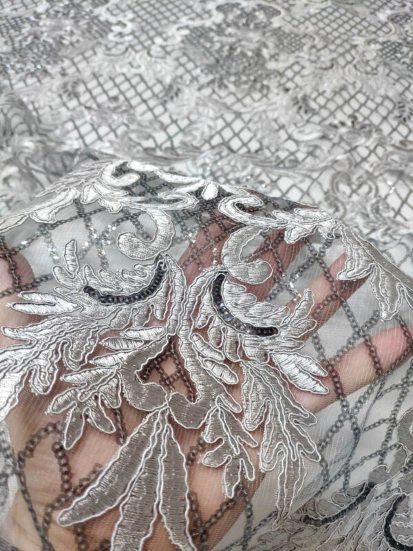 Grey sequined lace fabric #90647 - Image 4