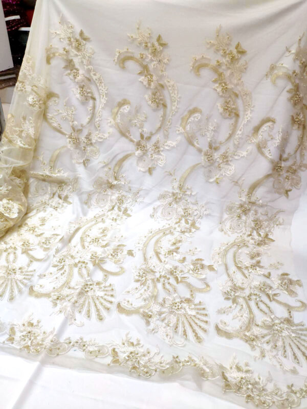 Gold Embroidered lace fabric with pearls #80289 - Image 4