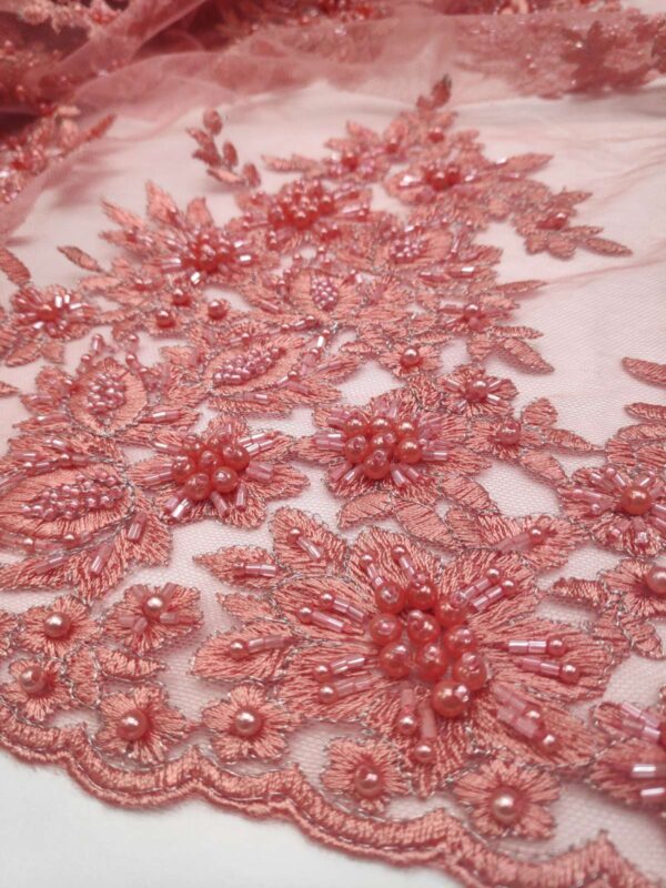 Pink beaded lace fabric with pearls #10074 - Image 5