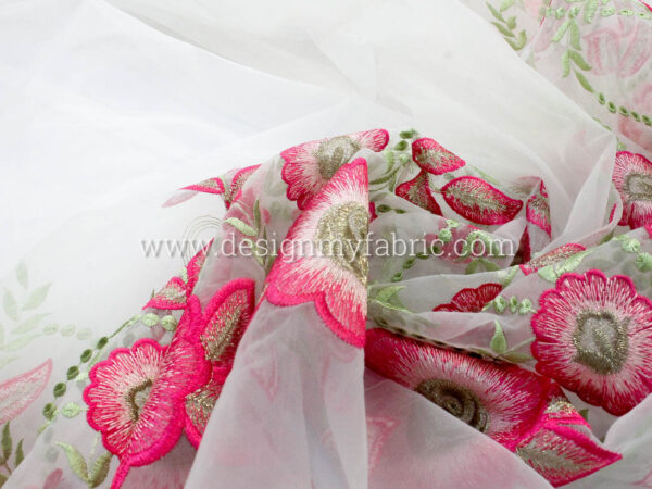 Pink and Green organza lace fabric #83229