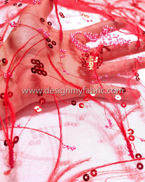 Red sequined lace fabric with feathers and beads #91521 - Image 3