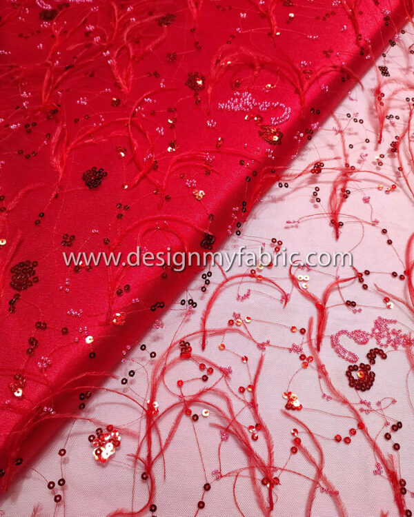 Red sequined lace fabric with feathers and beads #91521 - Image 4