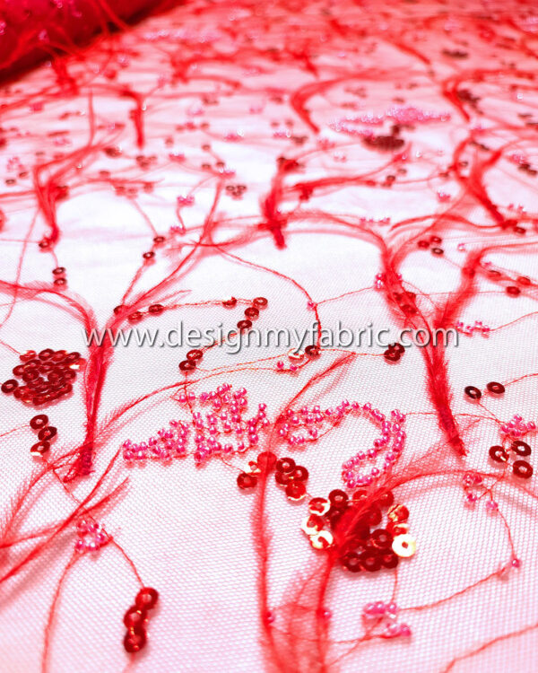 Red sequined lace fabric with feathers and beads #91521 - Image 2