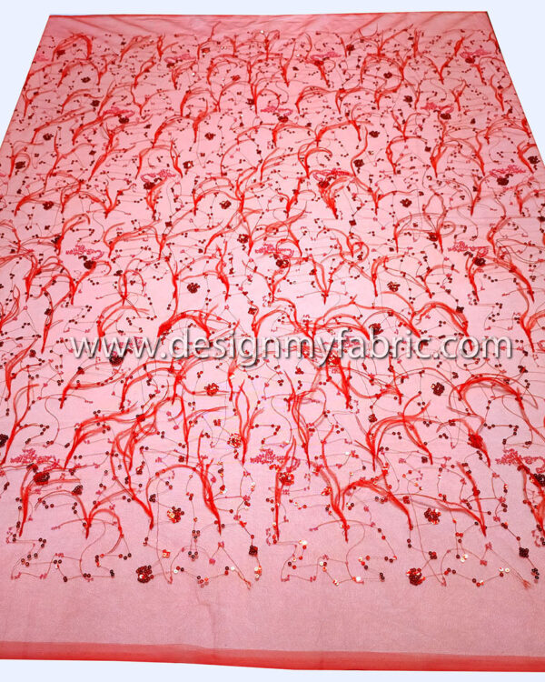 Red sequined lace fabric with feathers and beads #91521 - Image 5