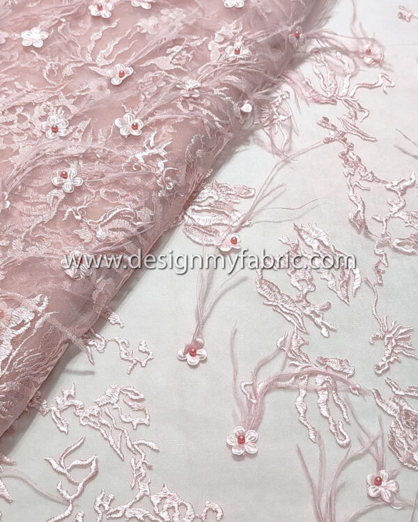 Light pink lace fabric with feathers and 3D flowers #20473