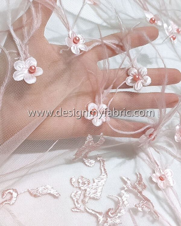 Light pink lace fabric with feathers and 3D flowers #20473 - Image 2