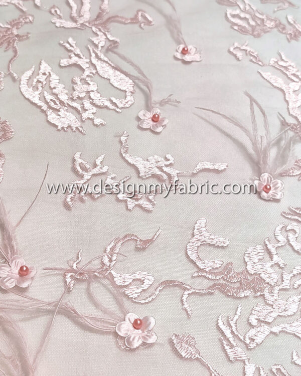 Light pink lace fabric with feathers and 3D flowers #20473 - Image 4