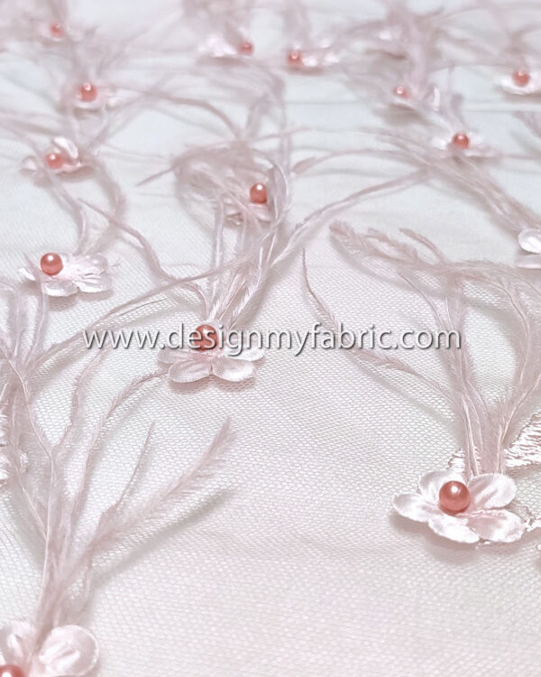 Light pink lace fabric with feathers and 3D flowers #20473 - Image 3