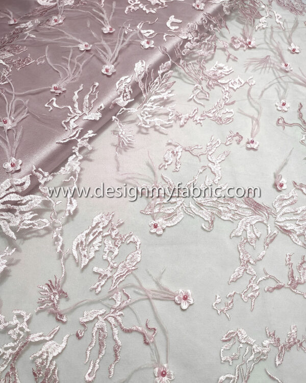 Light pink lace fabric with feathers and 3D flowers #20473 - Image 5