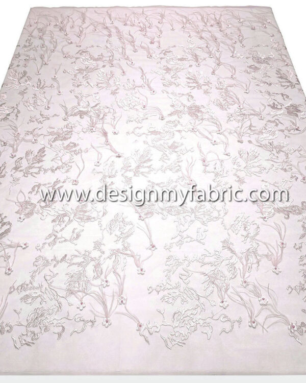 Light pink lace fabric with feathers and 3D flowers #20473 - Image 6