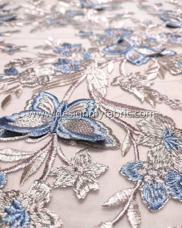 Dusty pink floral lace fabric with baby blue 3D butterfly #91506 - Image 2