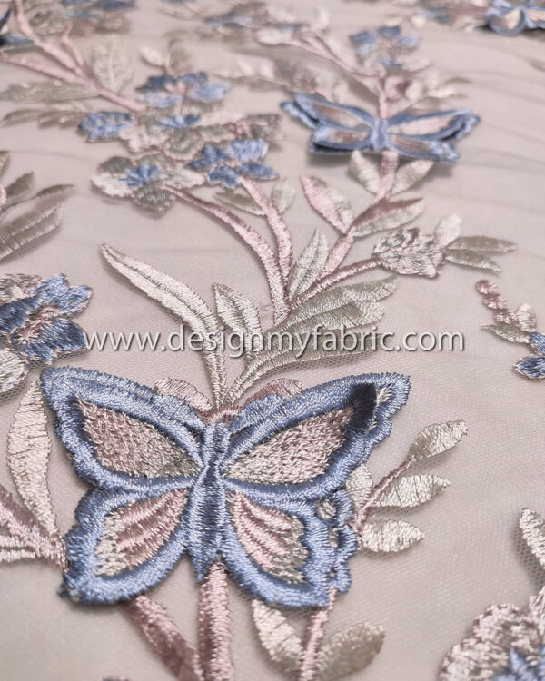 Dusty pink floral lace fabric with baby blue 3D butterfly #91506 - Image 3