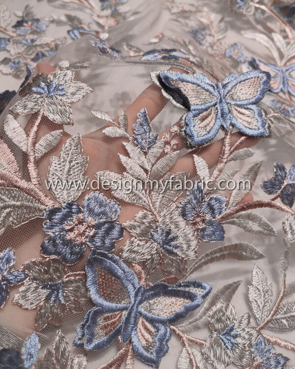 Dusty pink floral lace fabric with baby blue 3D butterfly #91506 - Image 4