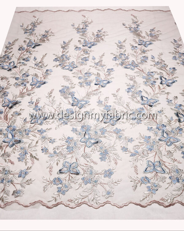 Dusty pink floral lace fabric with baby blue 3D butterfly #91506 - Image 5