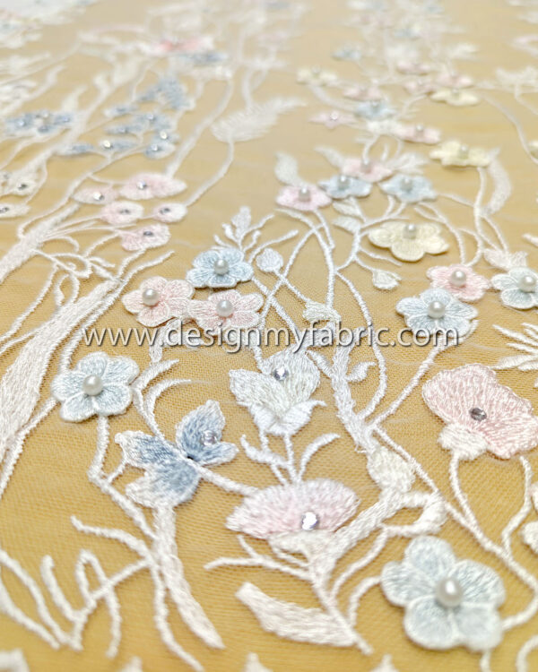 White bridal floral lace with 3D flowers and pearls #99060 - Image 7