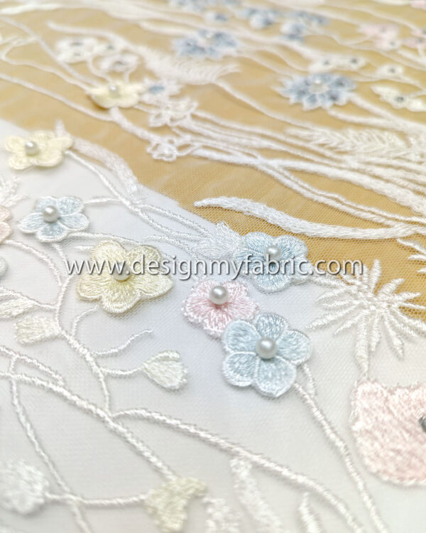 White bridal floral lace with 3D flowers and pearls #99060 - Image 9