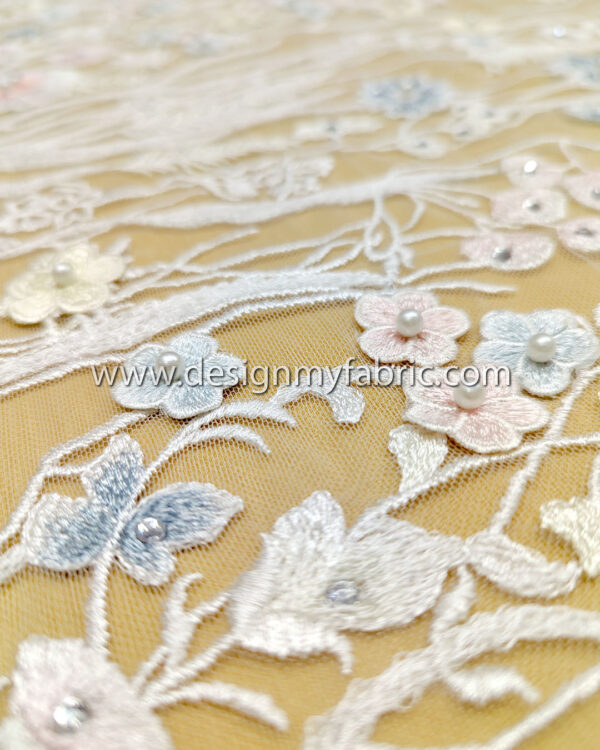 White bridal floral lace with 3D flowers and pearls #99060 - Image 5