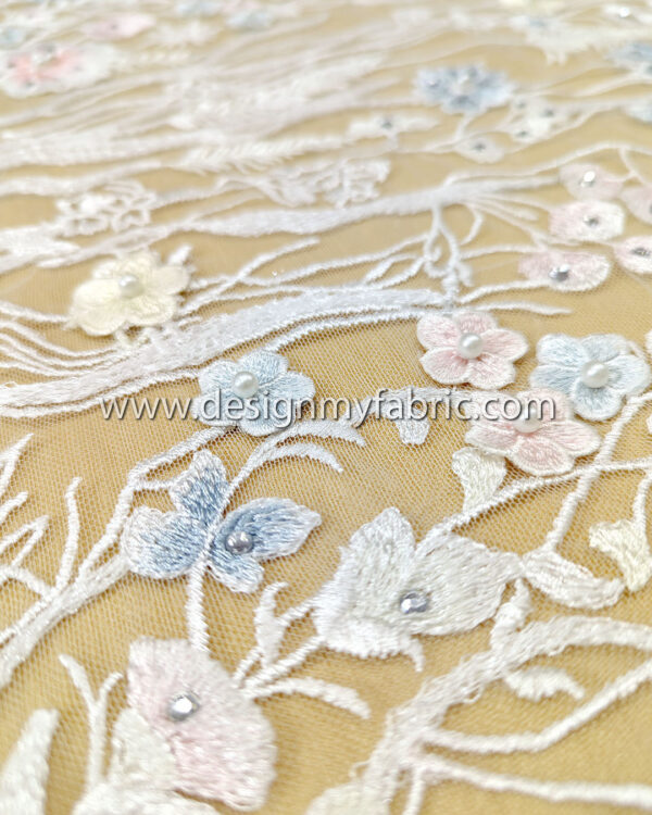 White bridal floral lace with 3D flowers and pearls #99060 - Image 10