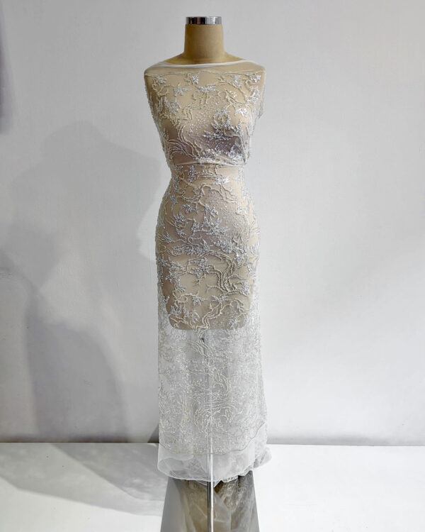 Off white silver bridal sequined lace with pearls and beads #99464 - Image 6