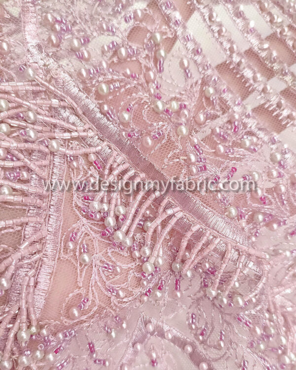 Dusty pink beaded and fringe lace fabric #99056 - Image 3